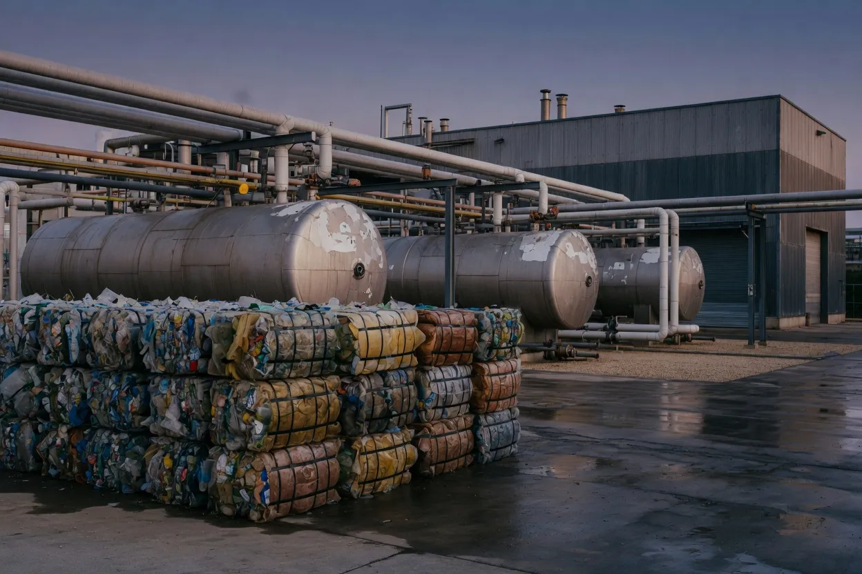 Illustration: a chemical recycling yard at dusk, with baled sorted plastic in front of stainless-steel vessels and pipe racks. No signage.