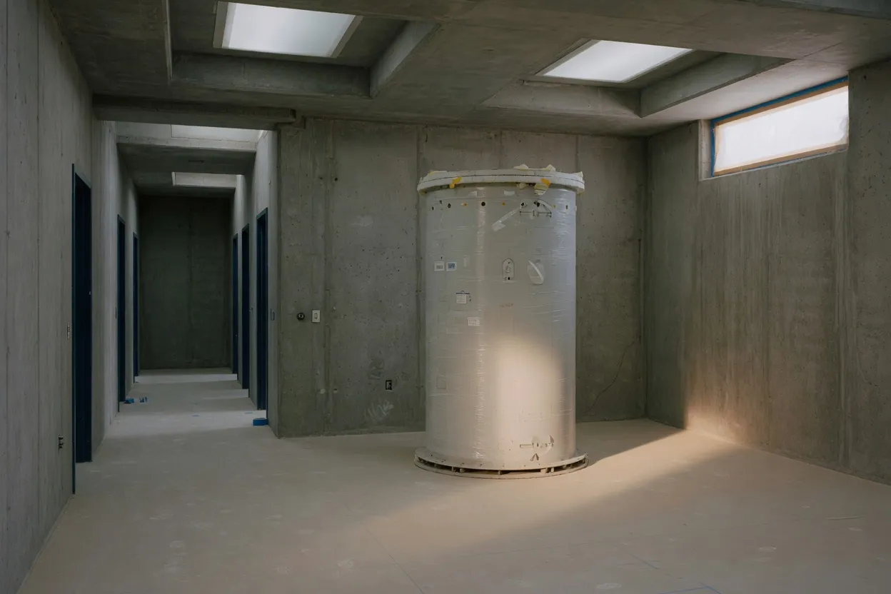 Illustration: a newly built concrete-shielded treatment room with an unbranded cylindrical unit wrapped in protective film. No people.