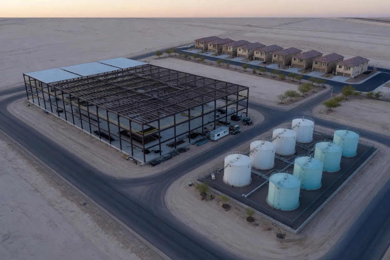 Illustration: a dawn aerial view of a desert-edge industrial park with a steel factory frame, a tank farm and new townhouses in the distance.
