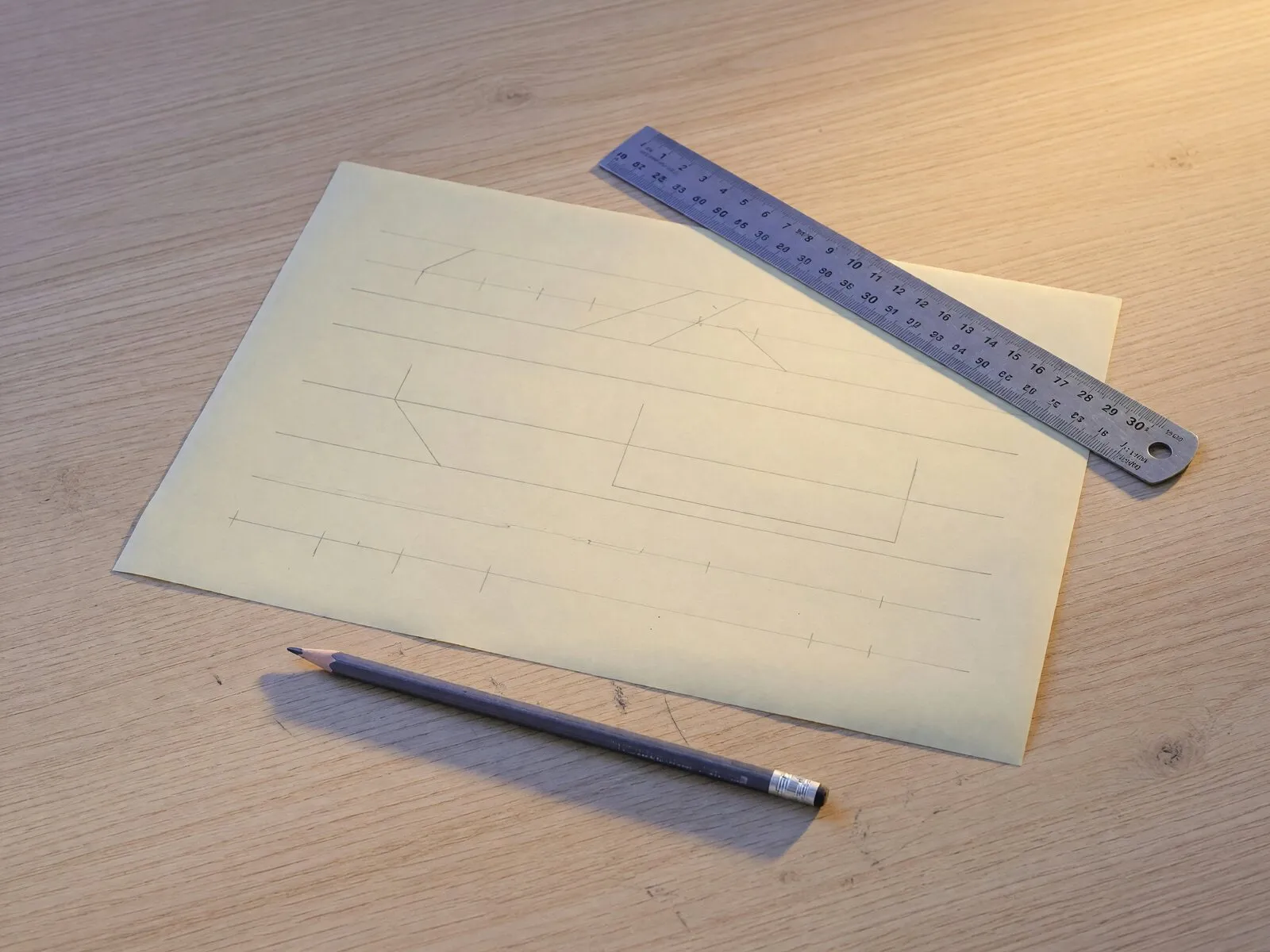 Illustrative tracing paper, steel ruler, and pencil, with no readable words.