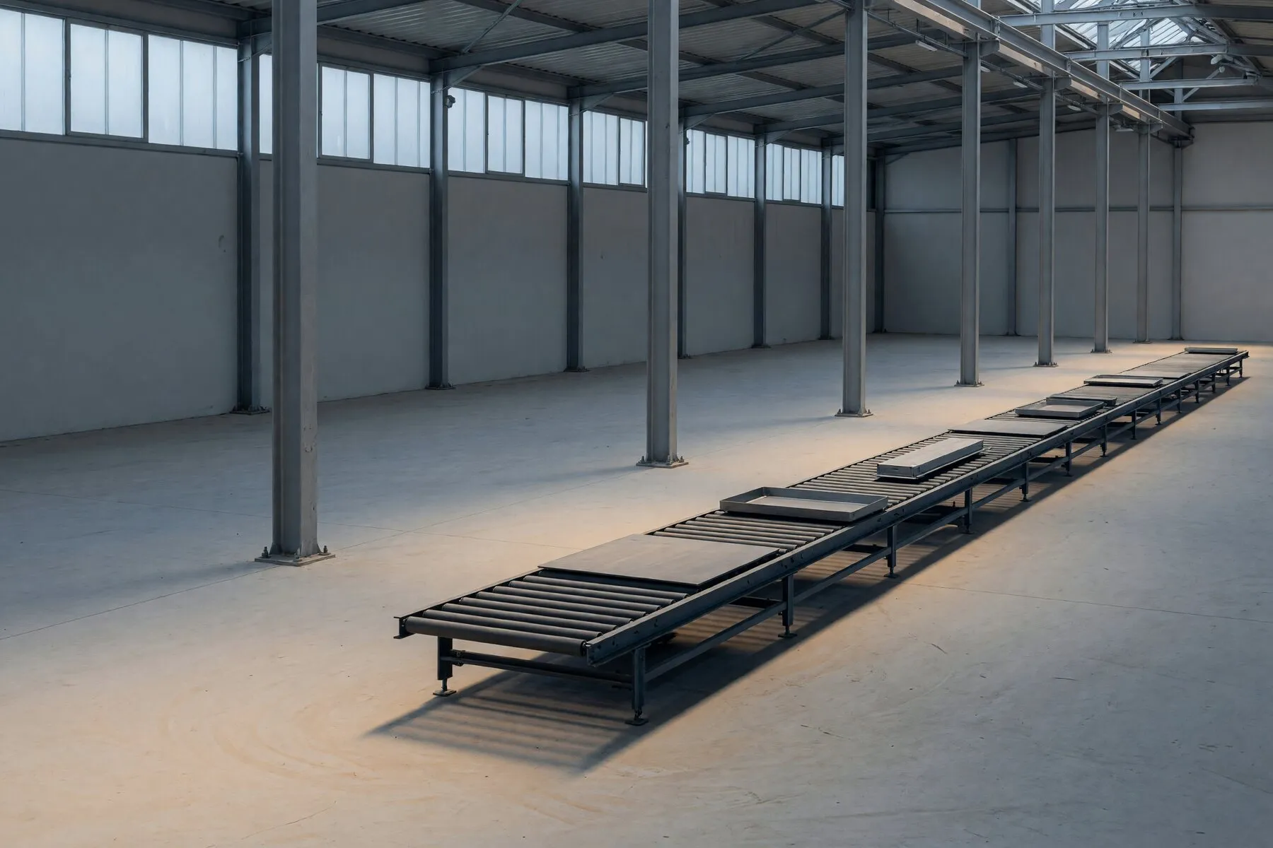 Illustrative view of a quiet factory and an unmarked conveyor.
